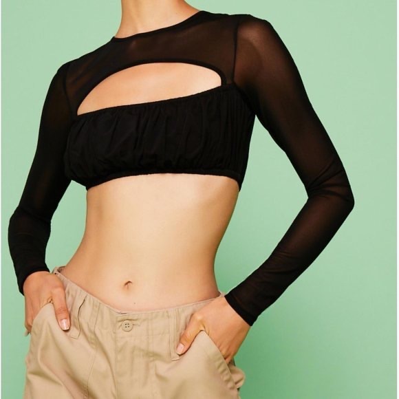BRAND NEW I.AM.GIA LONG SLEEVE BLACK MESH CUTOUT CROP “ANYA” TOP - Picture 3 of 7